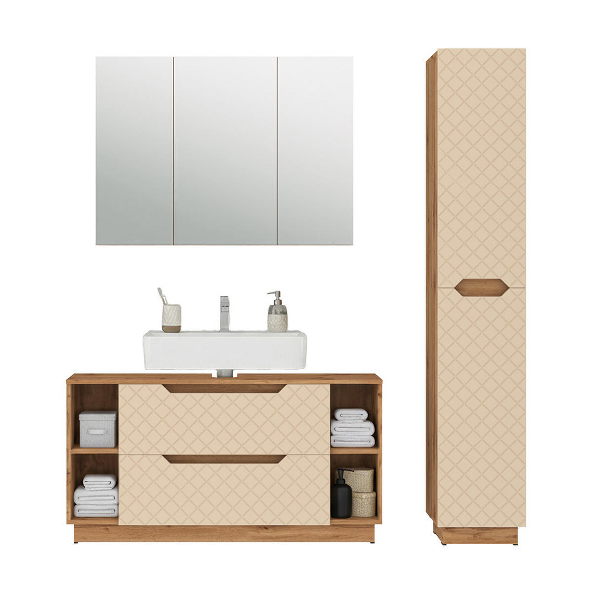 BADMÖBEL-SET Lotta Eiche/Kaschmir mit Kachelstruktur 3 Teile - Kaschmir/Eichefarben, Holzwerkstoff (119.2/62.5/35cm) - Vicco