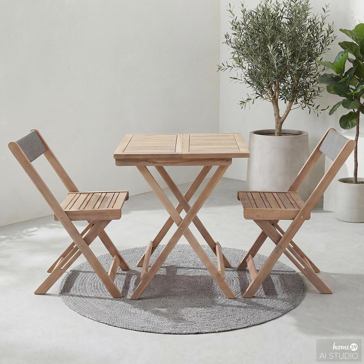 BALKONSET - 3-teilig - Akazie massiv / Nylon - Braun - Akaziefarben, Holz/Textil - home24