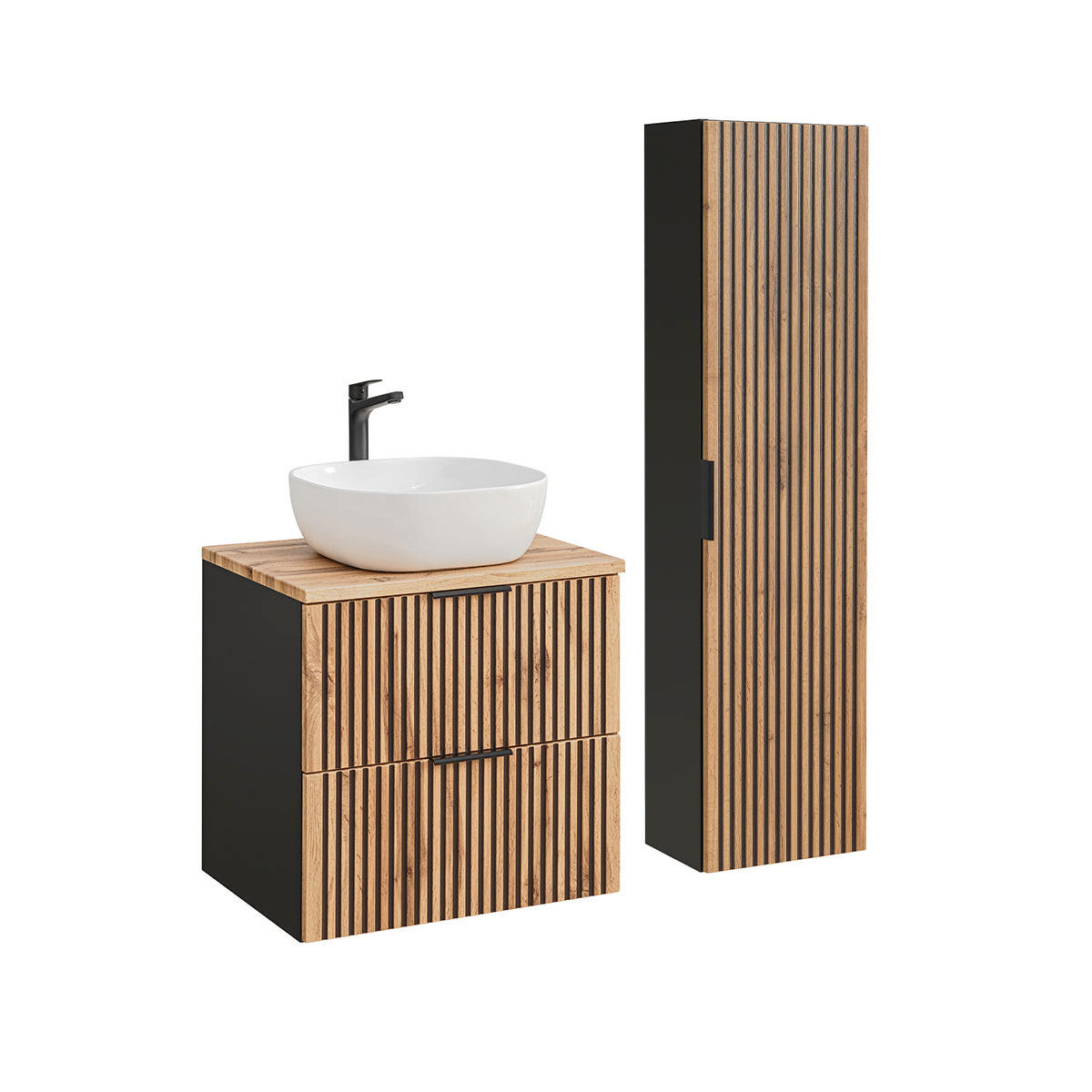 BADMÖBEL 60.6cm Gaia 2er-Set Holz in Eichenoptik und Schwarz - Schwarz, Holzwerkstoff (60.6/59/46cm) - Petits-meubles