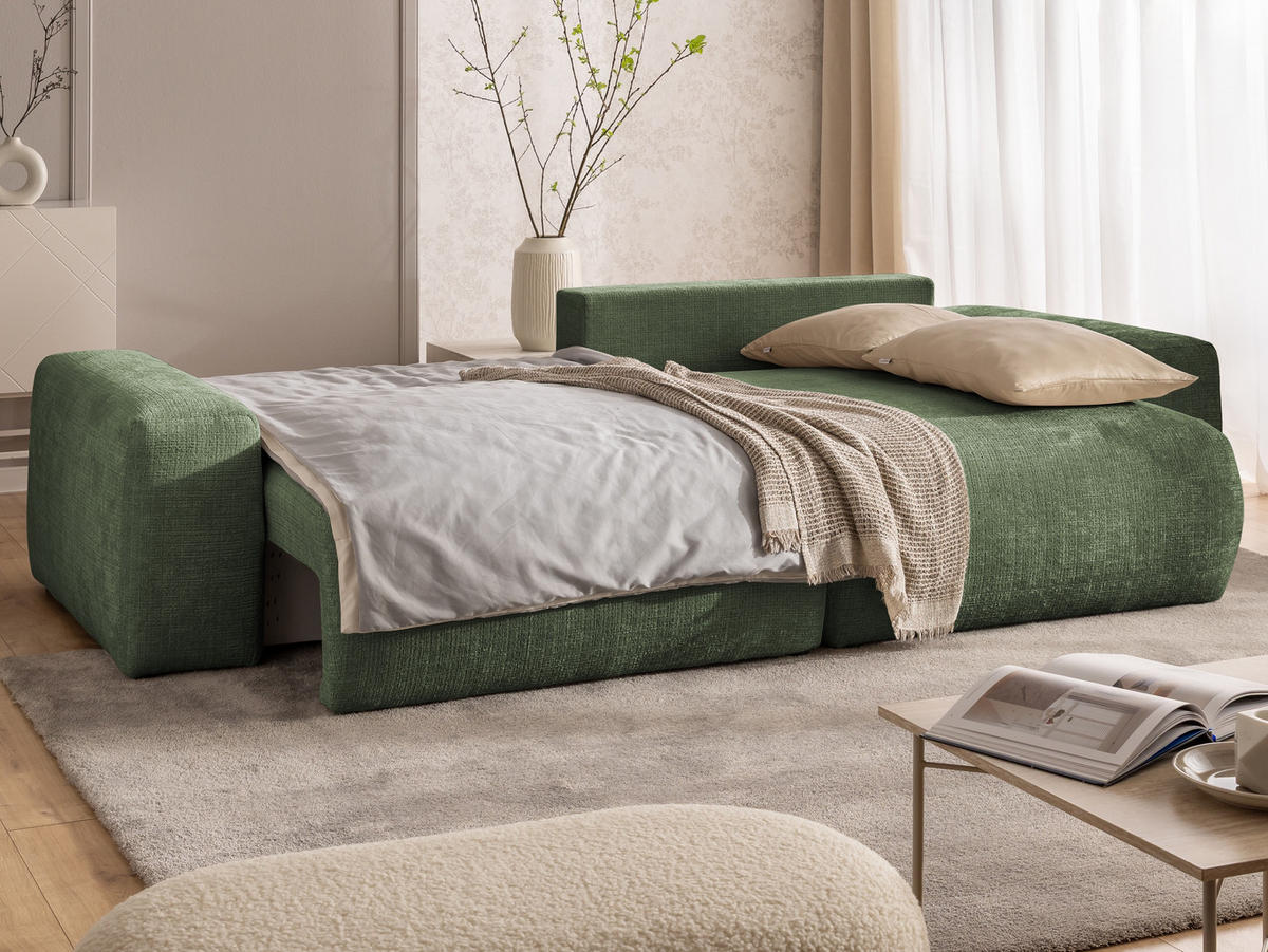 ECKSOFA Puffy mit Schlaffunktion und Bettkasten - besonders weich und puffig aus Grün Chenille-Stoff - Ottomane rechts - Schwarz/Grün, Holz/Kunststoff (266/138cm) - S-Style Möbel