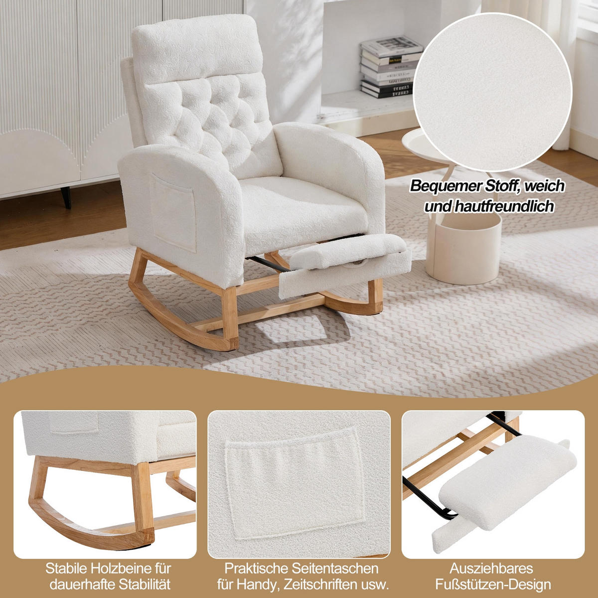 SCHAUKELSTUHL Creme Polyester mit Fußstütze verstellbar und Rückenlehne Lendenkissen - Creme, Textil (70/97.5/89cm) - Oxeza