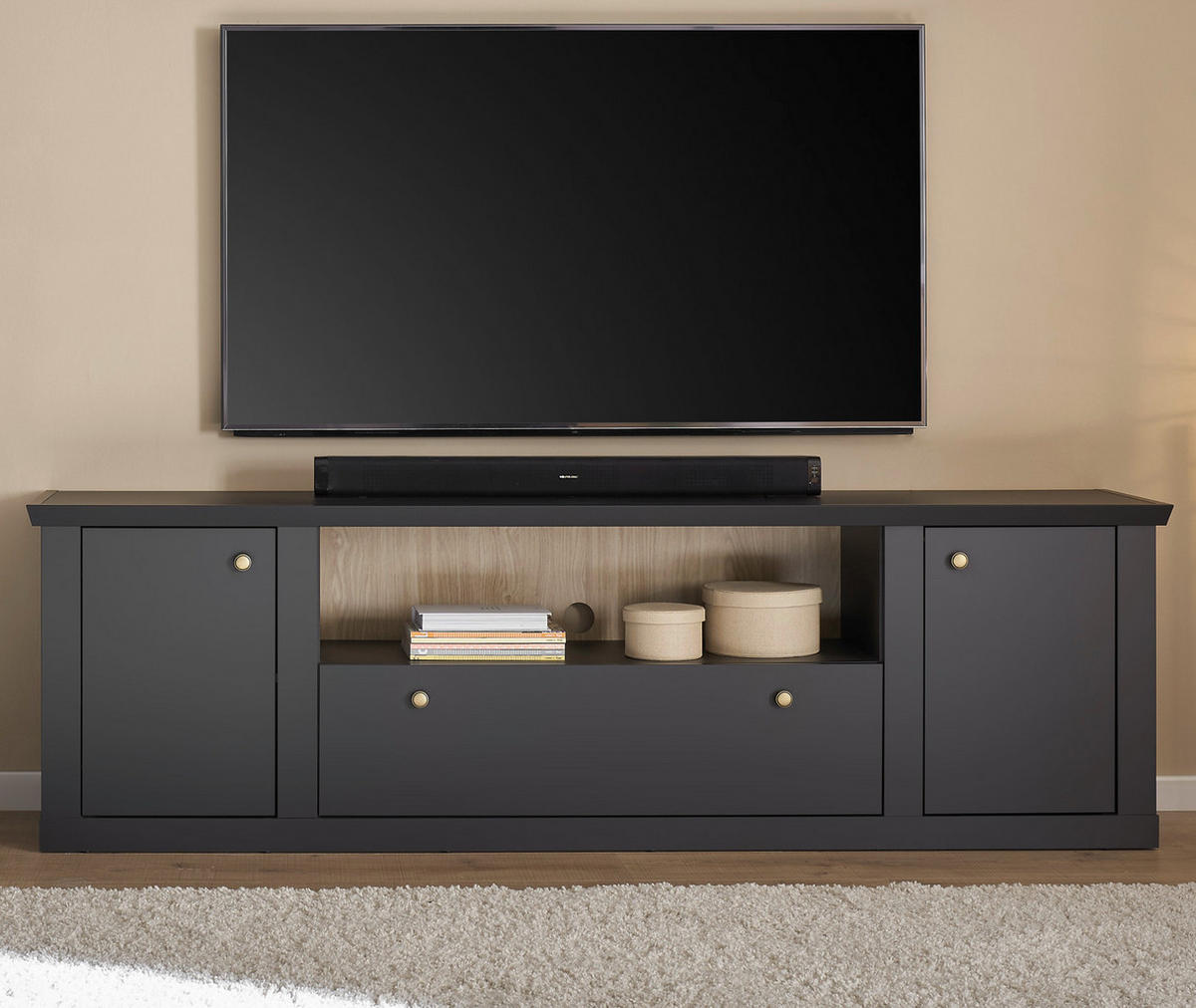 TV-LOWBOARD schwarz matt, Eiche Landhaus 205 cm, TV Unterteil mit Soft-Close - Eichefarben/Messingfarben, Holzwerkstoff/Metall (205/62/42cm) - Furn.Design