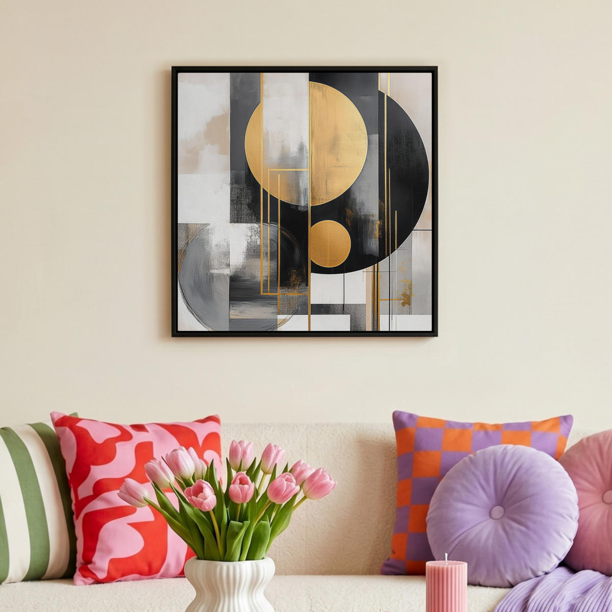 LEINWAND Bilder mit Rahmen - Abstrakt - Gold - Silber - Formen - Ästhetisch - Modern - 50x50 - Goldfarben, Textil (50/50cm) - MuchoWow