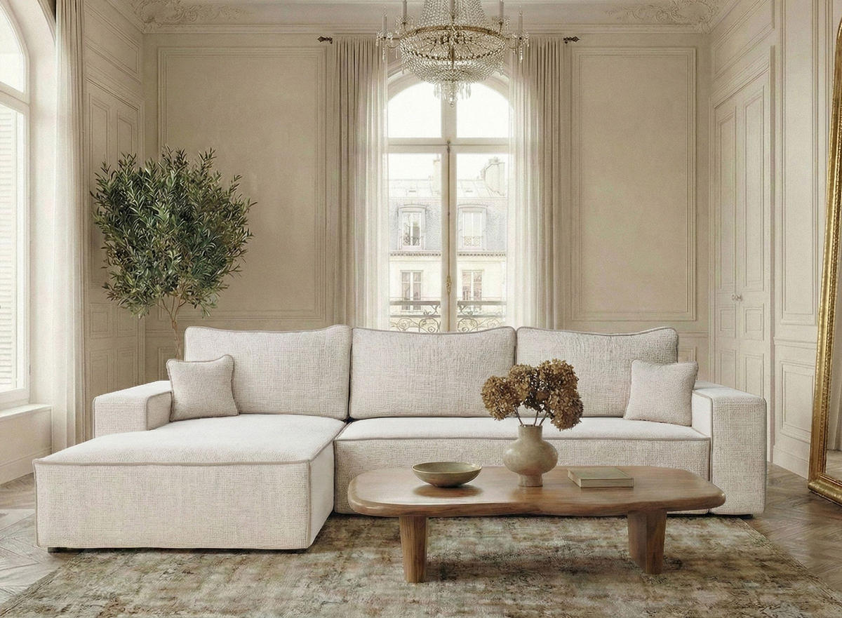 ECKSOFA MIT SCHLAFFUNKTION Modo Hellbraun Chenille-Stoff - Links Seite - Beige/Creme, Holz/Holzwerkstoff (185/294cm) - Maison de Reve