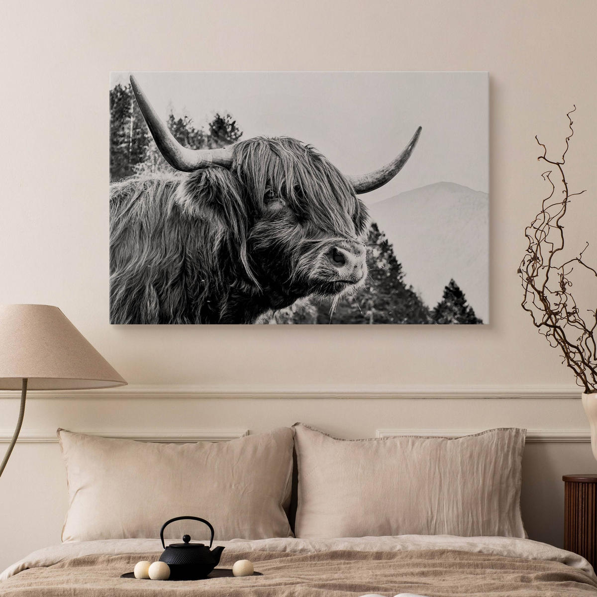 LEINWANDBILD für Wohnzimmer Schottische Kuh Bergen Natur 3D 90x60 - Schwarz/Weiß, Textil (90/60cm) - Muralo