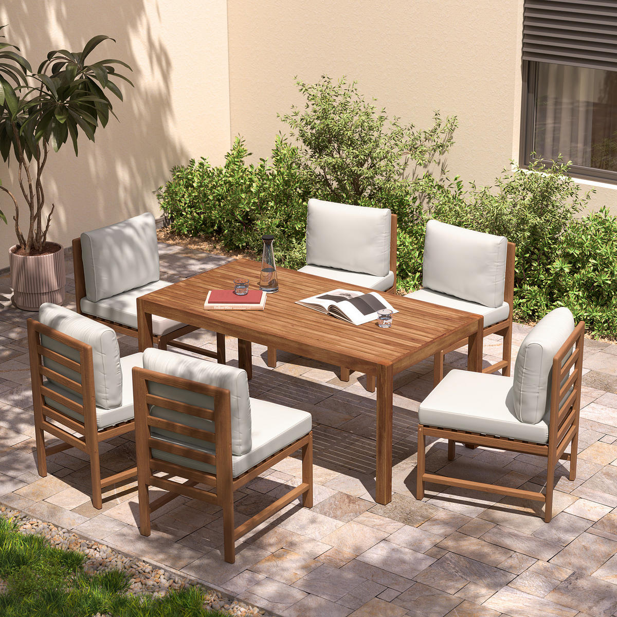 DINING-LOUNGESET - 7-teilig - Akazie massiv / Polyester - Braun / Beige - Beige/Braun, Holz/Textil - home24