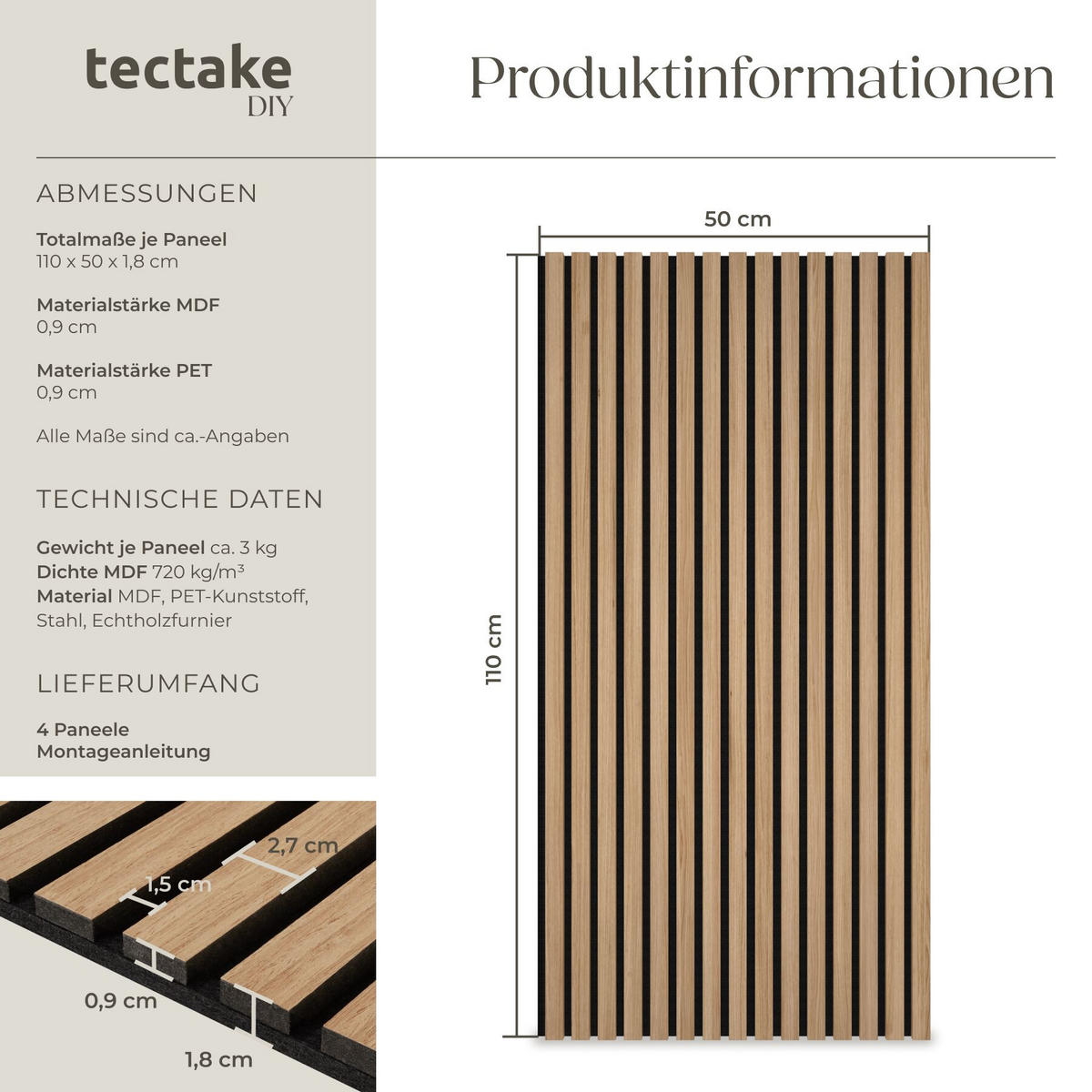 AKUSTIKPANEELE 4er Set Sonic Wall II, Echtholzfurnier, Schallabsorption, Größe flexibel anpassbar, Eiche - Braun, Holz (50/1.8/110cm) - tectake