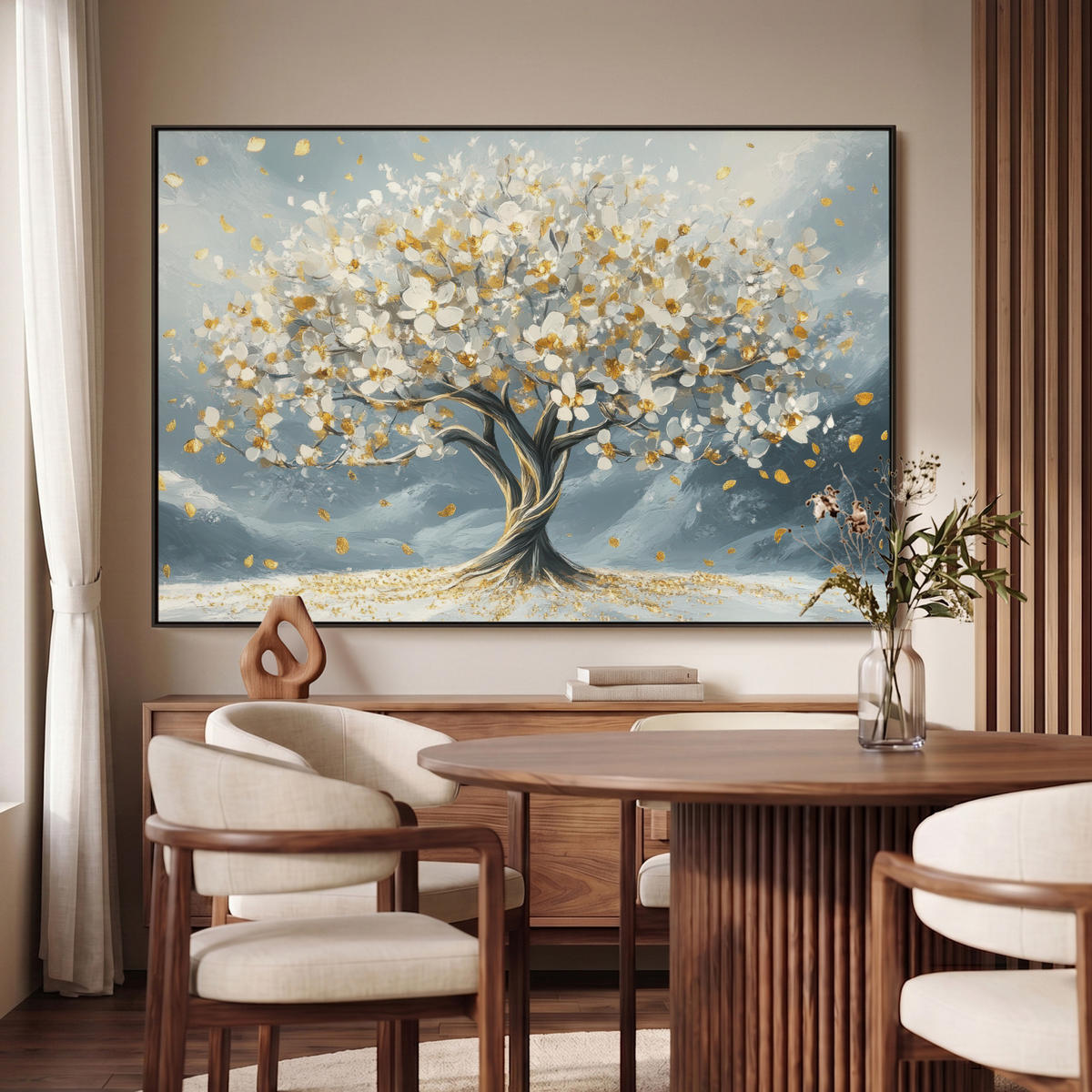 LEINWAND Bilder mit Rahmen - Baum - Winter - Baum des Lebens - Modern - Gold - 140x90 - Goldfarben, Textil (140/90cm) - MuchoWow