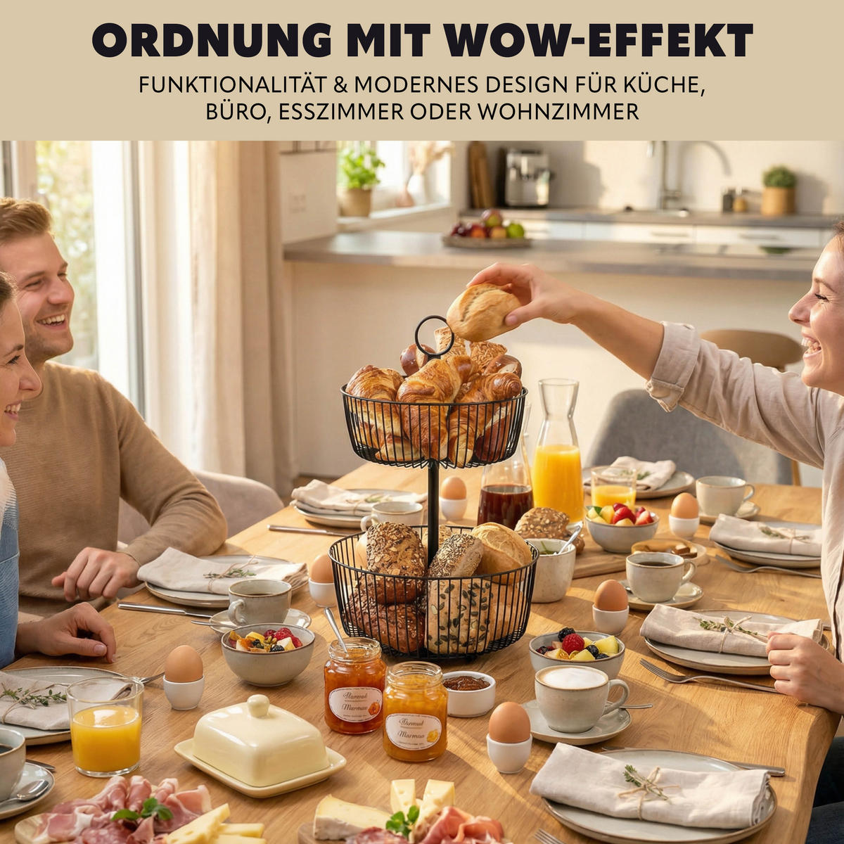 OBSTETAGERE, 2-stöckig, rund, Metall, Schwarz - Schwarz, Metall (43cm) - eluno