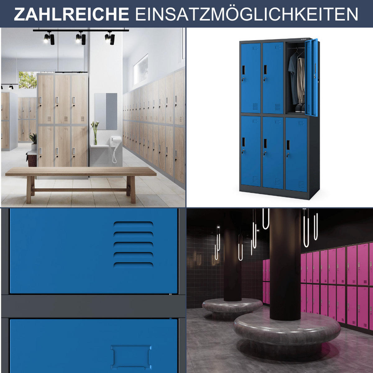 UMKLEIDESCHRANK Spind TOKIO 6 Abteile 185x90x45cm Anthrazit-Blau - Anthrazit, Metall (90/185/45cm) - DELUKE