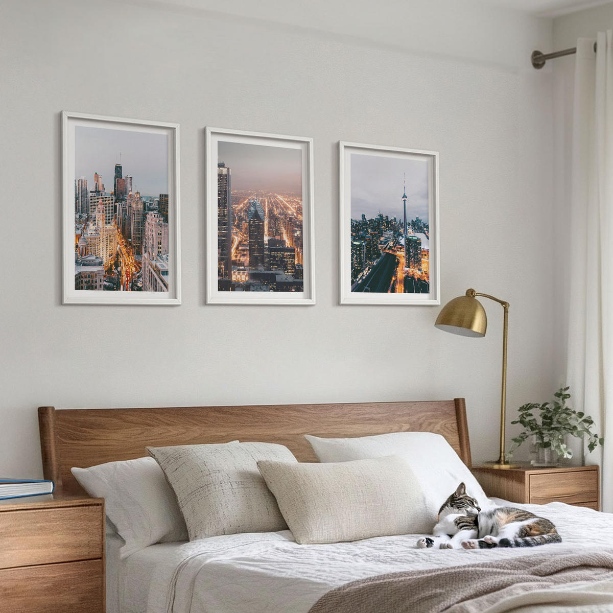 WANDBILDER 3er-Set - 40x60 cm Weißer Rahmen - Städte bei Nacht, Wolkenkratzer, Lichter - Weiß, Kunststoff (40/60cm) - ArtPrintCave
