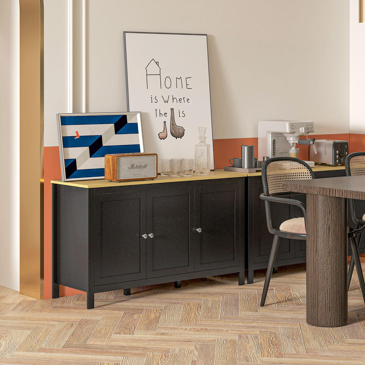 SIDEBOARD Schwarz und Holzoptik, 3 Türen, 120/40/70 cm - Schwarz, Holz (120/70/40cm) - PANGIVO