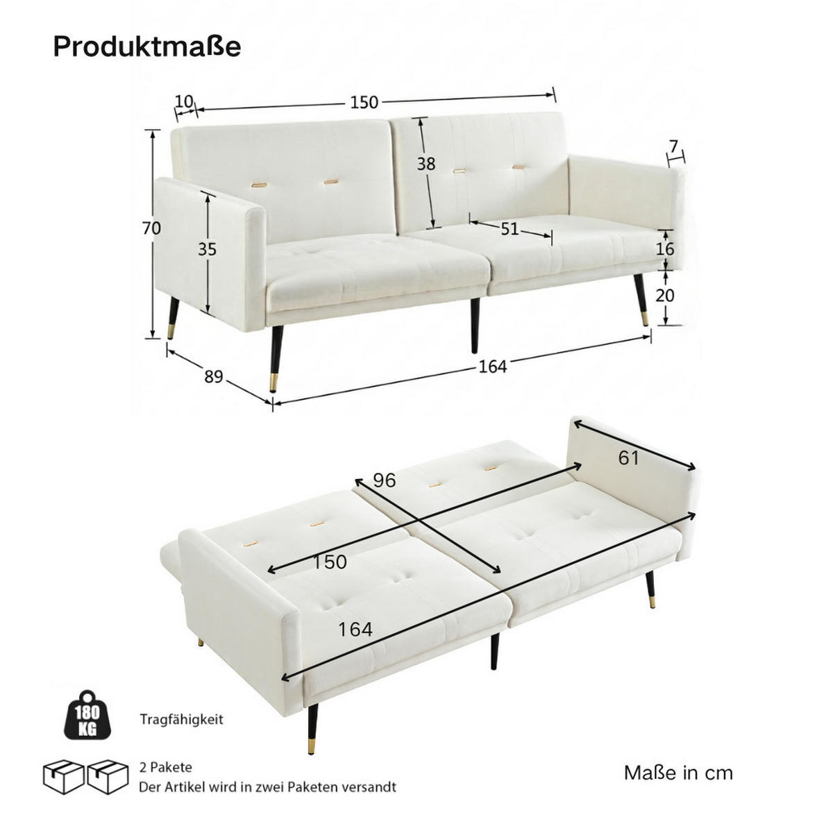 SCHLAFSOFA 150/89/70 cm in Beige Samt - Beige, Textil (164/70/89cm) - Oxeza