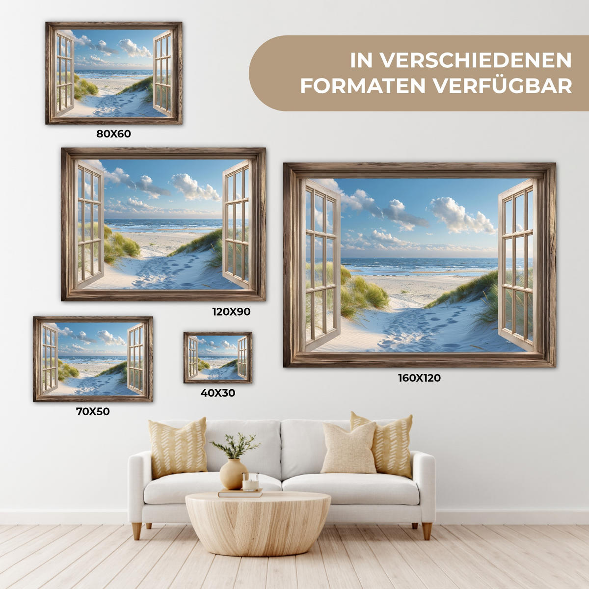 LEINWANDBILD Aussicht - Strand - Fenster - Dünen - Meer Wandbilder 80x60 cm - Hellblau, Textil (80/60cm) - MuchoWow