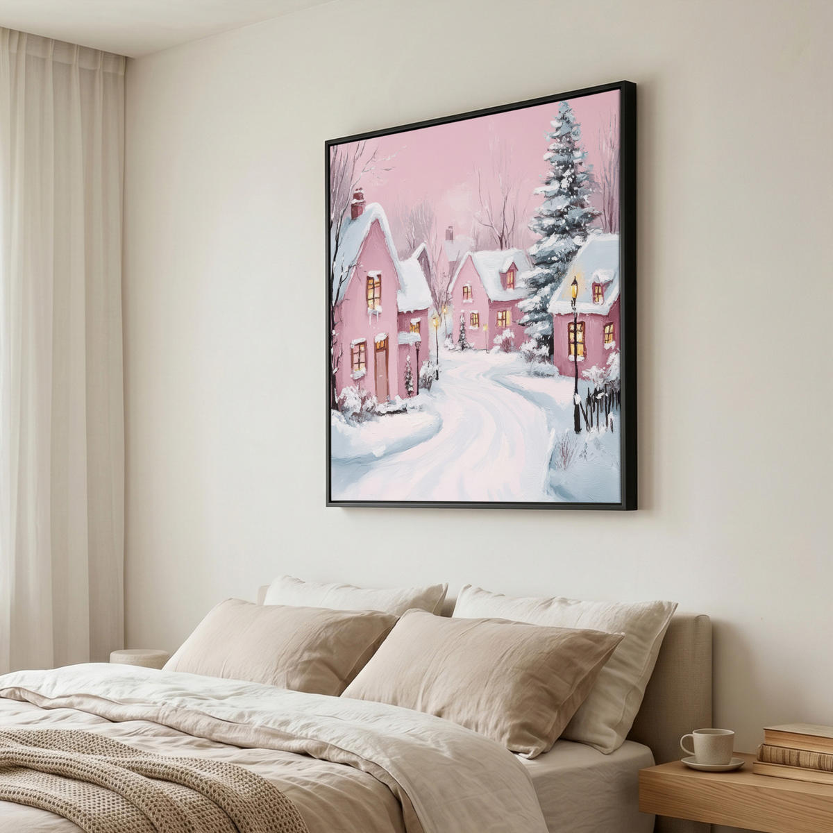 LEINWAND Bilder mit Rahmen - Weihnachtsdorf - Rosa - Winter - Schnee - Häuser - 90x90 - Altrosa, Textil (90/90cm) - MuchoWow