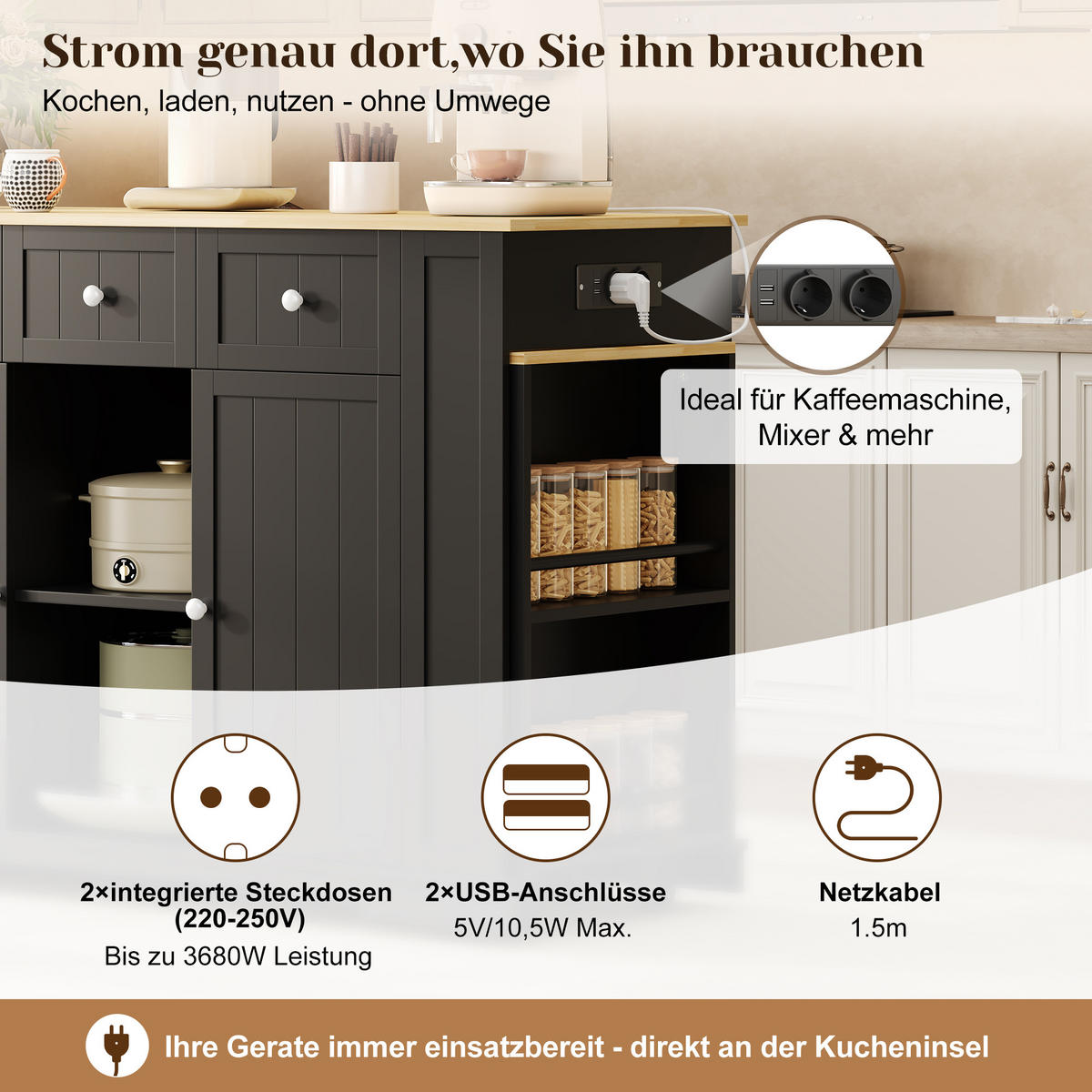 KÜCHENINSEL DE-41367 138-213/55/93 cm, ausziehbarer Esstisch Schwarz - Schwarz, Holzwerkstoff (138/93/55cm) - ComfortXL