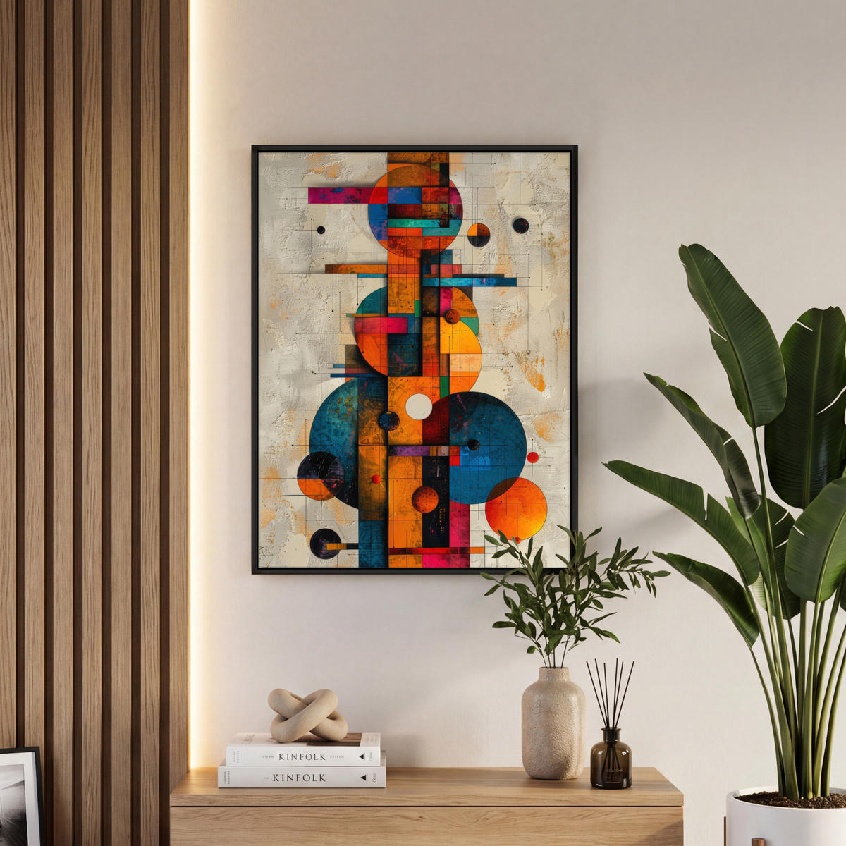 LEINWAND Bilder mit Rahmen - Vintage - Moderne Kunst - Orange - Geometrische Formen - 50x70 - Multicolor, Textil (50/70cm) - MuchoWow