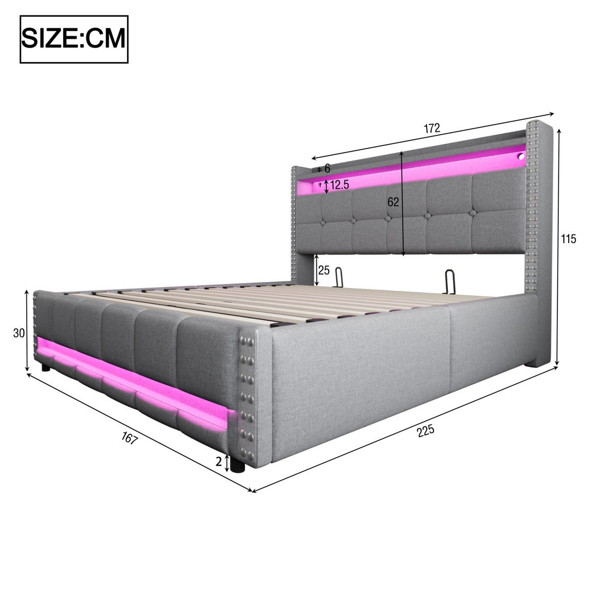 POLSTERBETT 160/200 cm Hellgrau mit LED, USB und Hydraulik - Hellgrau, Textil (160/200cm) - MIVRAY