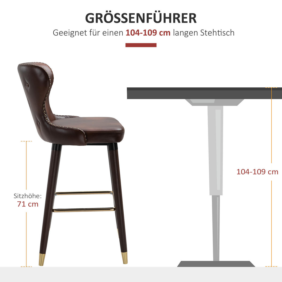 BARHOCKER, Holz, Metall Kunstleder Braun - Braun, Holz (53/101/52cm) - HOMCOM