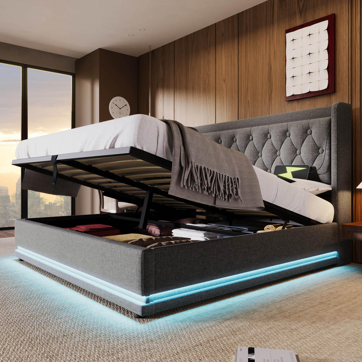 POLSTERBETT 140/200 cm Grau aus Baumwolle mit Stauraum LED und USB/Typ-C mit Matratze - Grau, Textil (140/200cm) - OKWISH