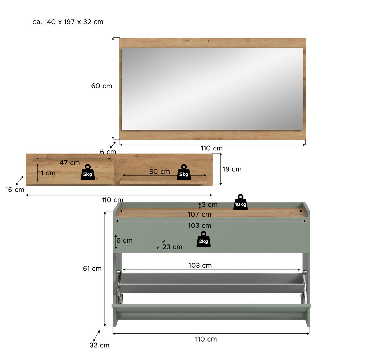 GARDEROBE-SET Salbei und Artisan Eiche, Garderobe 3-teilig, 140 x 197 cm, Borga - Salbeigrün/Eiche Artisan, Holzwerkstoff (140/197/32cm) - Inn.Furn