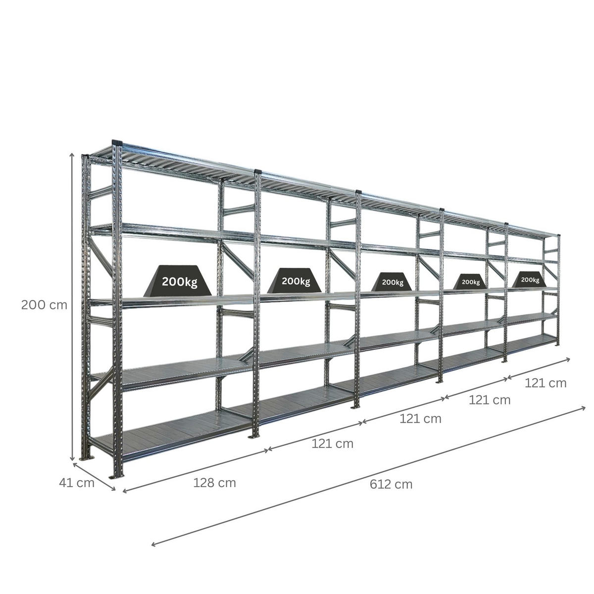 FACHBODENREGAL Proximo 200x600x40cm 5 Ebenen Fachlast 200 kg Beidseitig nutzbar Verzinkt - Silberfarben, Metall (600/200/40cm) - PROREGAL