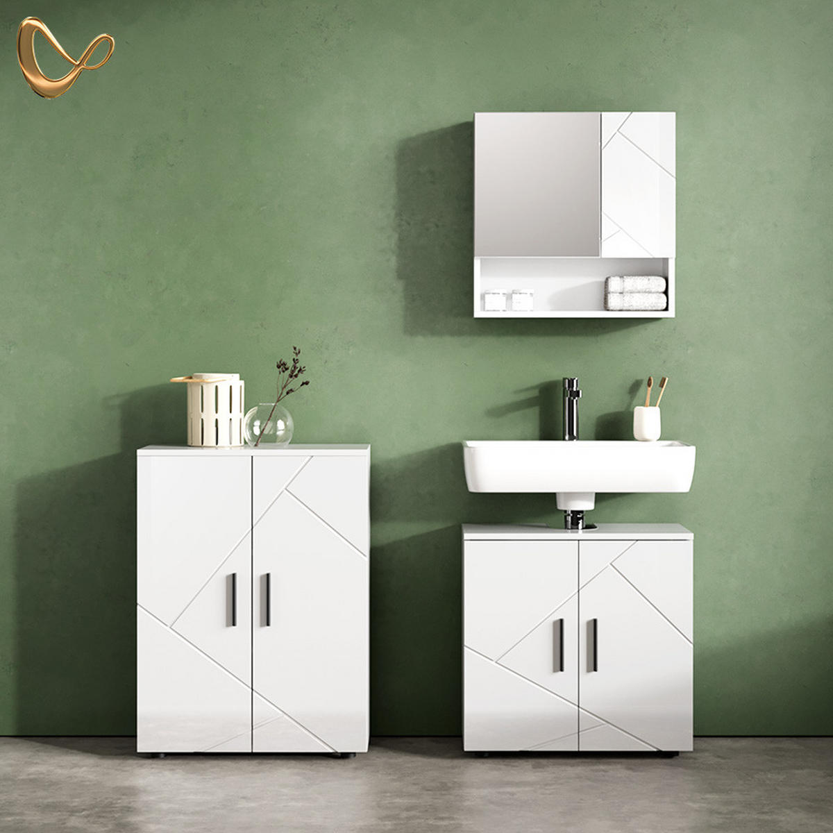 BADMÖBEL-SET Ronco Weiß Hochglanz 3 Teile, mit Unterschrank 60 cm - Weiß Hochglanz/Weiß, Holzwerkstoff (60/59/30cm) - Livinity®