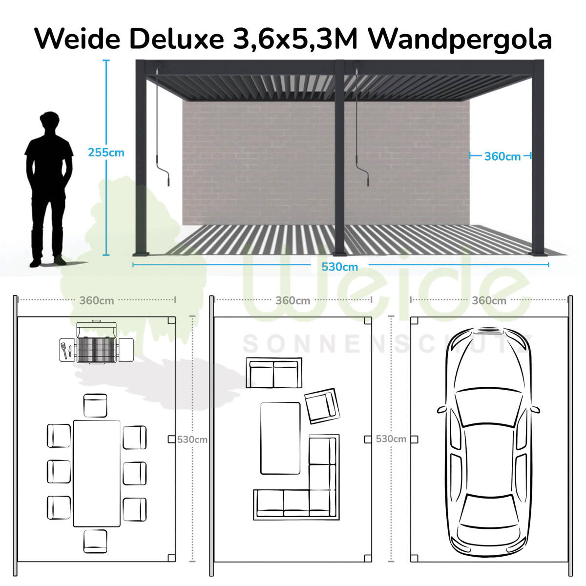 WANDPERGOLA Deluxe Terrassenüberdachung Aluminium 3,6 x 5,3 m sand - Schwarz, Metall (360/255/530cm) - WEIDE
