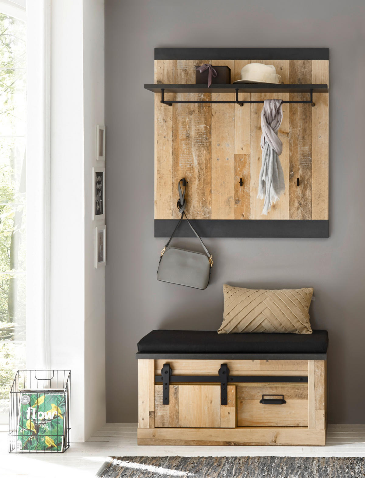 GARDEROBENPANEEL Used Wood hell, anthrazit, Wandgarderobe 92 x 100 cm - Eichefarben/Anthrazit, Holzwerkstoff (92/100/26cm) - Furn.Design