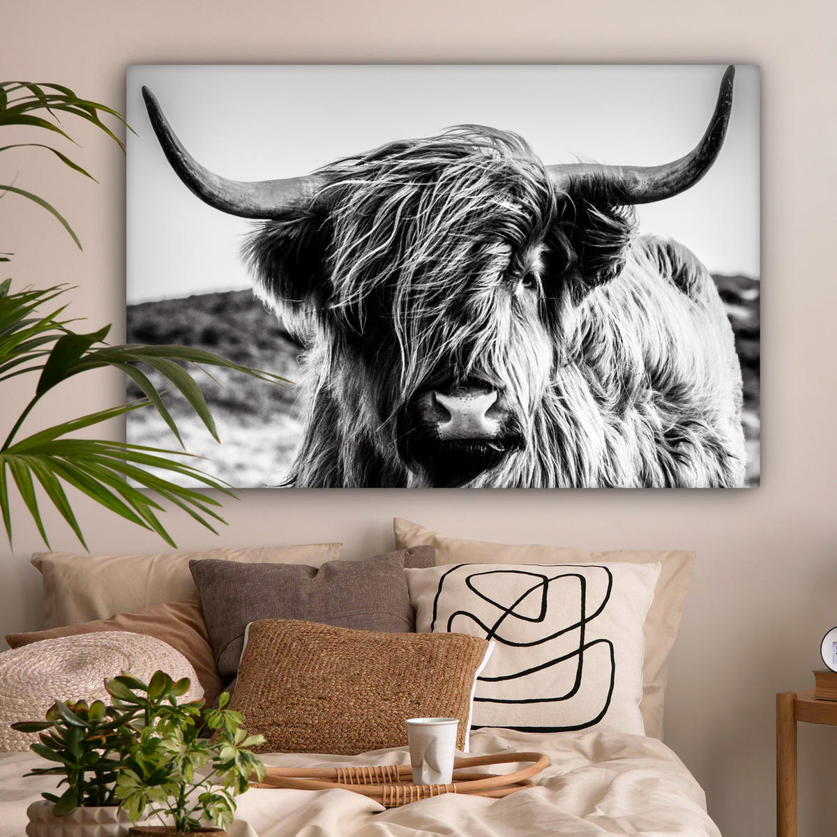 LEINWANDBILD Kuh - Schottischer Hochländer - Schwarz - Weiß - Tier - Natur - Wildtiere XXL 150x100 cm - Schwarz, Textil (150/100cm) - MuchoWow