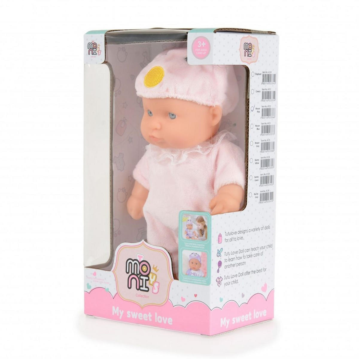 KINDERPUPPE Maus rosa 20 cm, Mütze, Strampelanzug, bewegliche Arme, Rollenspiel, ab 3 Jahren - Rosa, Kunststoff (13/8/23cm) - Moni