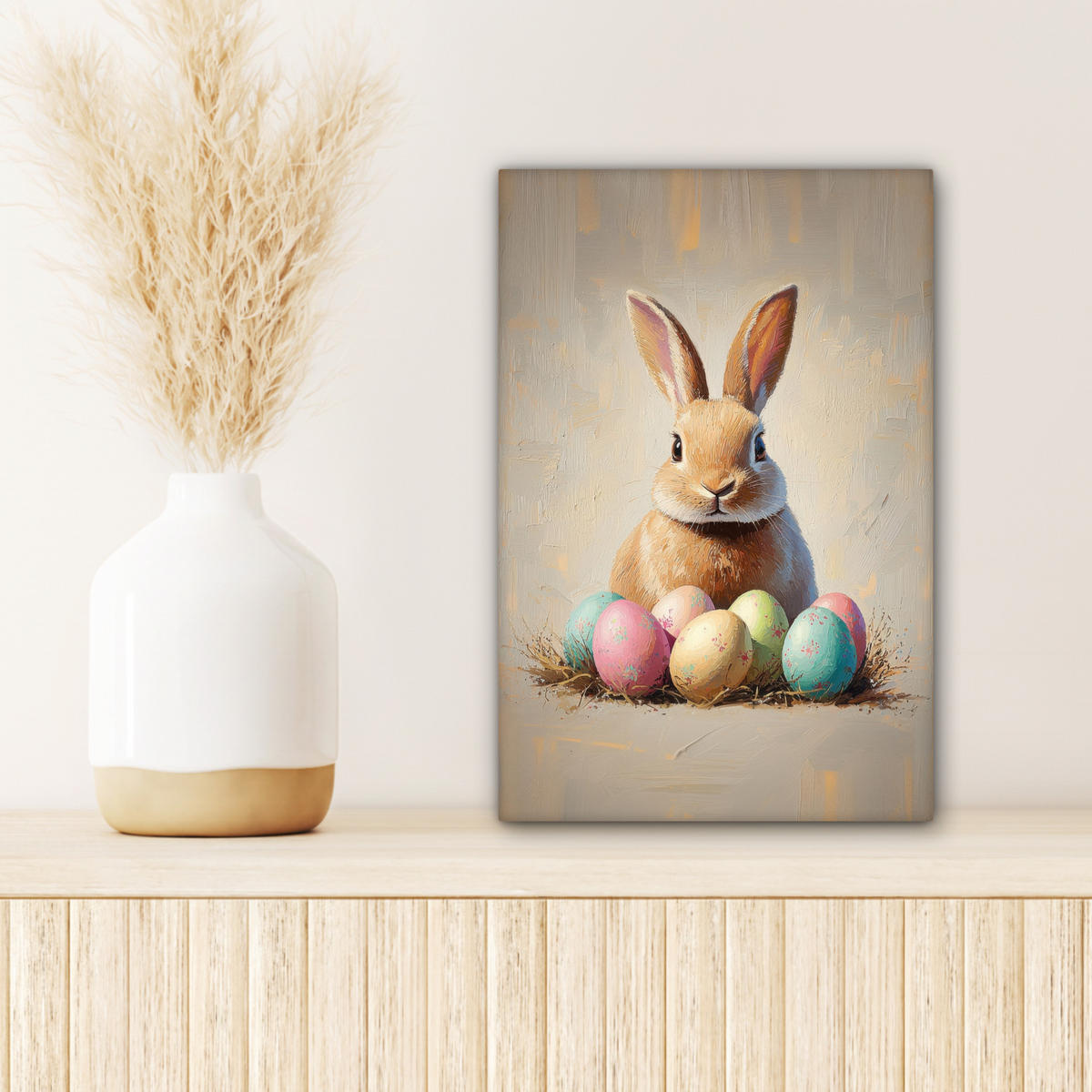 LEINWANDBILD Osterhase - Pastell - Eier Deko Wohnzimmer 20x30 cm - Beige, Textil (20/30cm) - MuchoWow