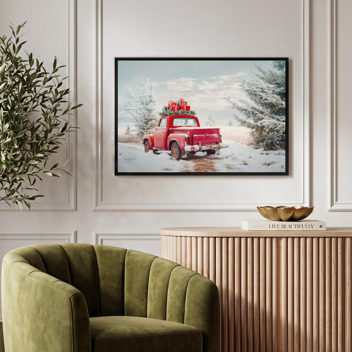 LEINWAND Bilder mit Rahmen - Auto - Rot - Geschenke - Winter - Schnee - Weihnachten - 60x40 - Rot, Textil (60/40cm) - MuchoWow