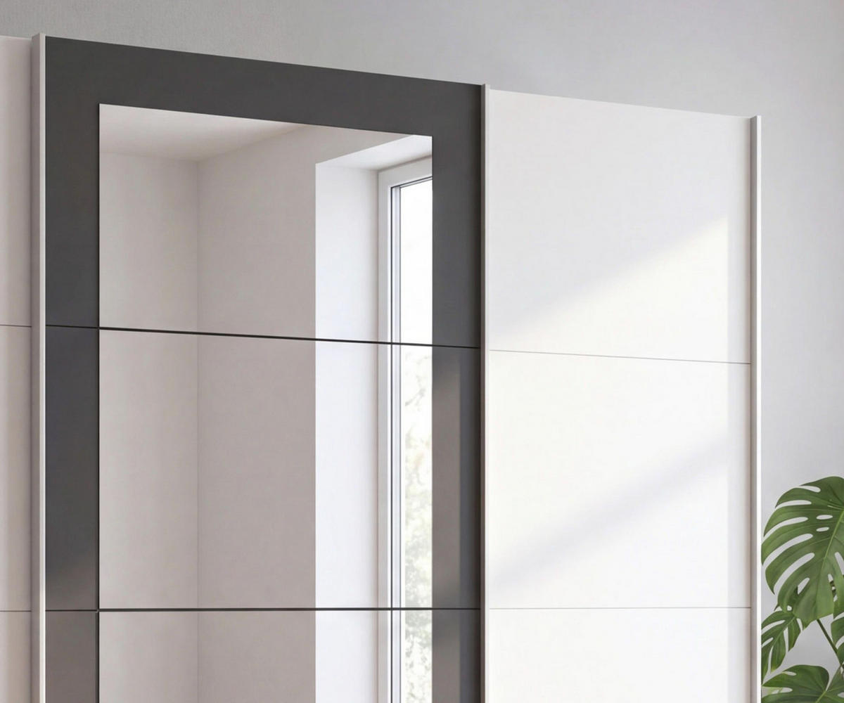SCHWEBETÜRENSCHRANK 3-türig B225/H208/64 cm Kleiderschrank in Weiß, Spiegel umrahmt in Grafit, Griffe Weiß / 22626 - Weiß, Holzwerkstoff/Metall (225/208/64cm) - luma-home
