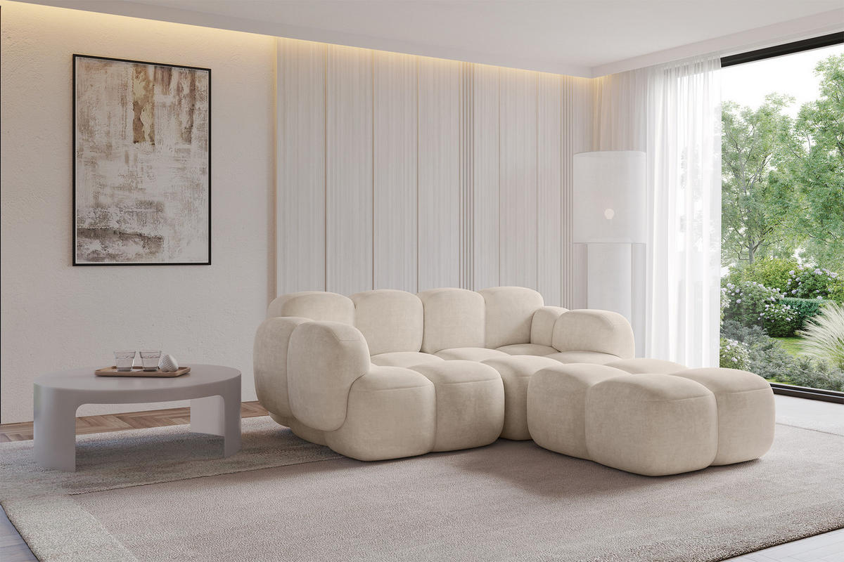 ECKSOFA modulares Sofa Rechts Miko-L1 214x205x75 Beige Velours - Ecru/Schwarz, Holzwerkstoff/Kunststoff (214/205cm) - ALTDECOR