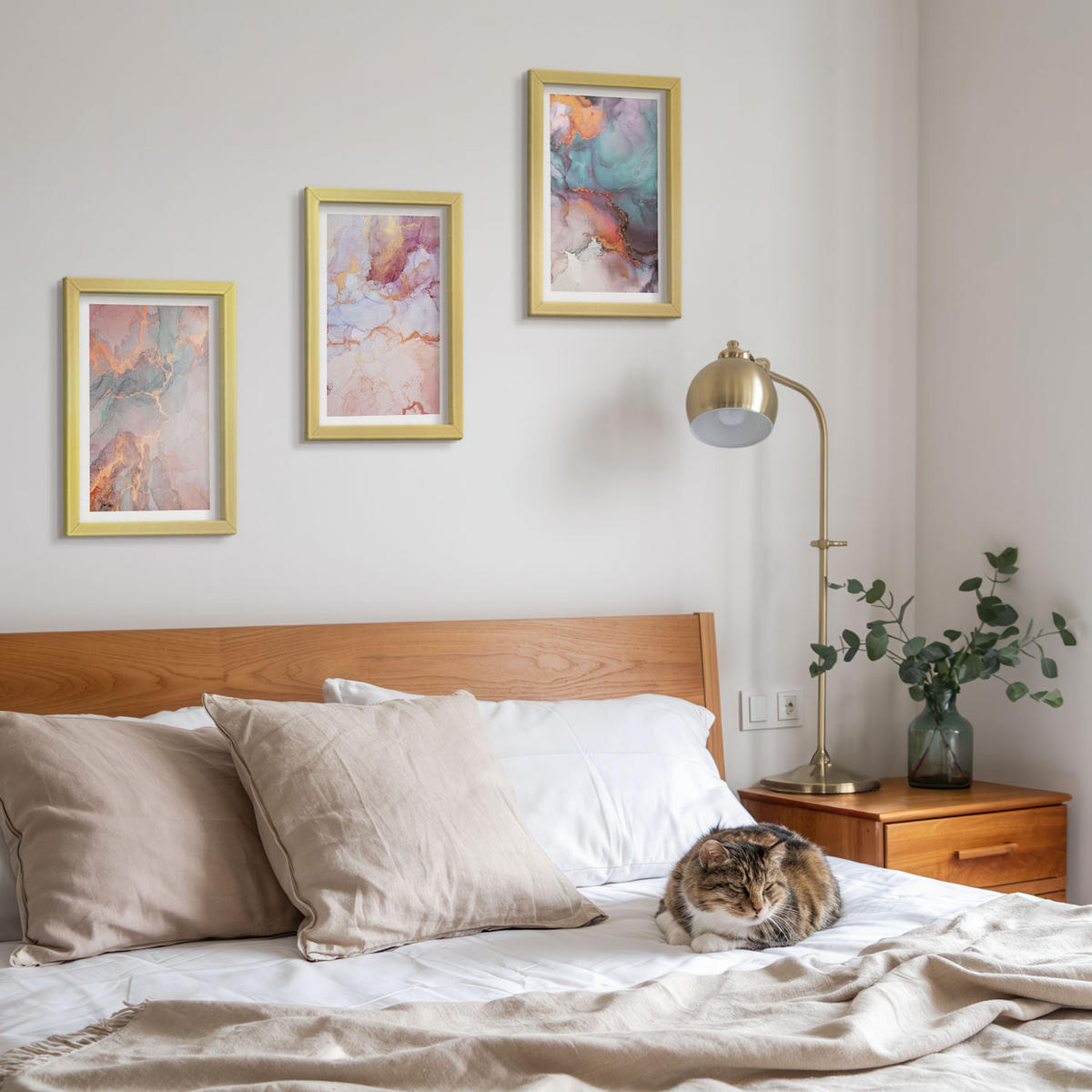 WANDBILDER 3er Set - 20x30 cm Goldrahmen - Abstrakte Pastellmuster - Goldfarben, Kunststoff (20/30cm) - ArtPrintCave