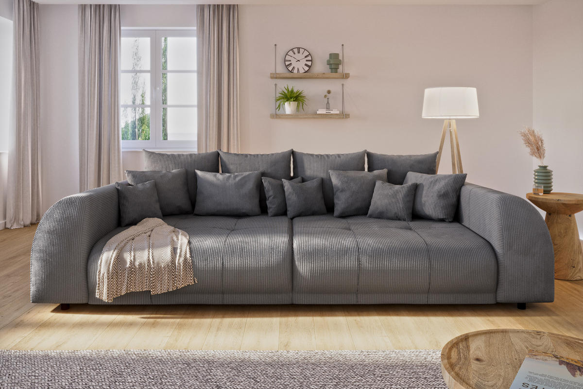 BIGSOFA Levana 5 Sitzer Grau Cord-Stoff - Schwarz/Grau, Holz/Kunststoff (310/86/135cm) - S-Style Möbel