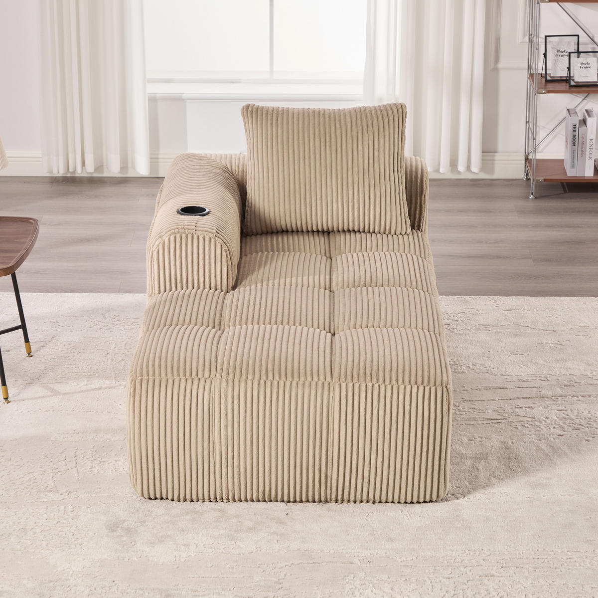 SOFA od samta, 158/93/61 cm kaki, s bočnim džepovima i držačima za piće - boje pijeska, tekstil (93/61/158cm) - BEAOK
