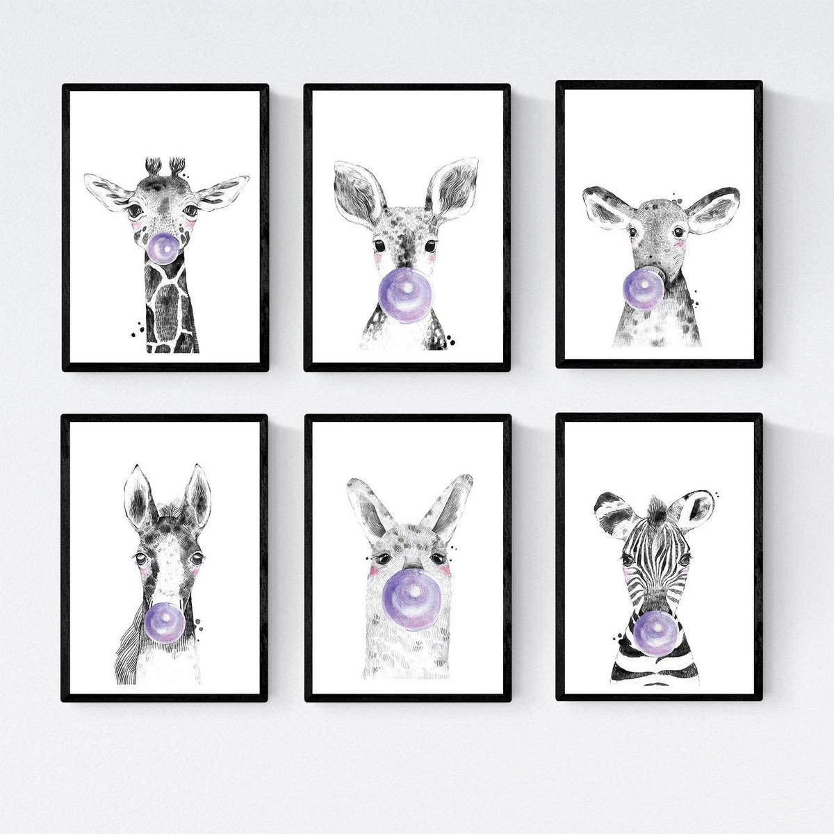 POSTER Set Mit 6 Tiere Babys Mit Kaugummi Hirsch Elefant Zorro Bär Hund Schweinefleisch A4 Schwarzer Rahmen - Schwarz, Papier (29/3cm) - Nacnic