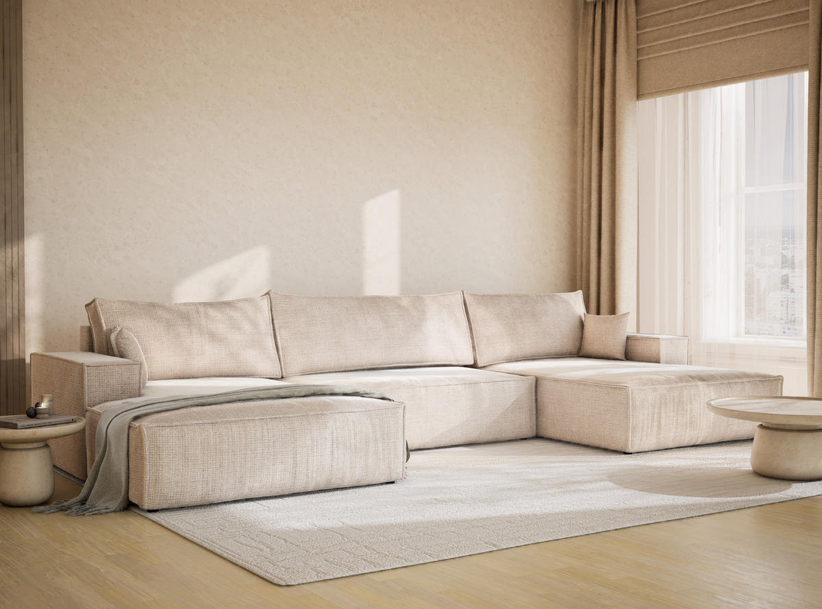 WOHNLANDSCHAFT Kyoto Creme Chenille-Stoff - Creme/Schwarz, Holz/Holzwerkstoff (398/70/148cm) - Maison de Reve