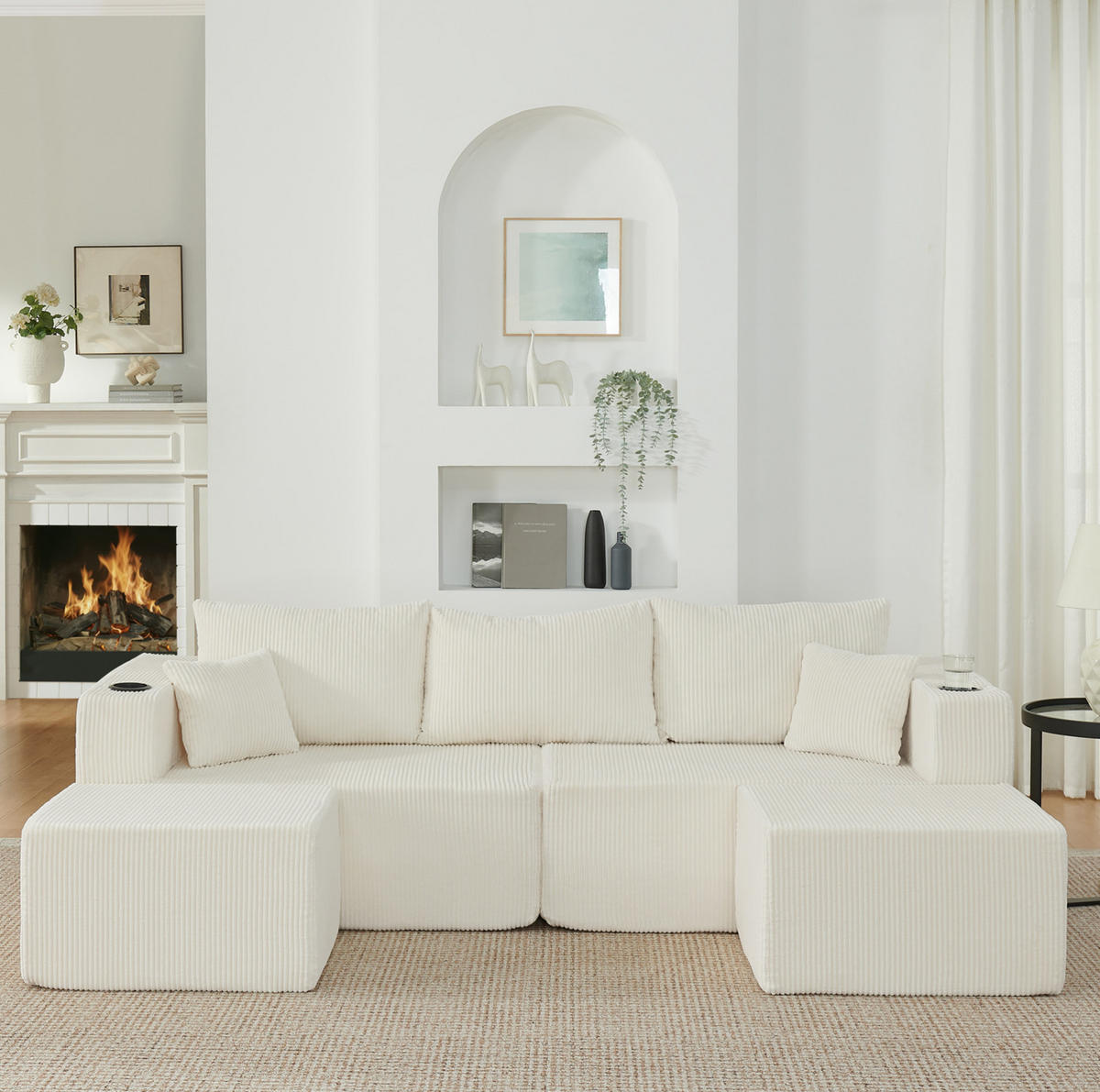 SOFA modulares Ecksofa 3-Sitzer Cord Beige mit 2 Ottomanen - Beige, Kunststoff (230/75/138cm) - IVMEU
