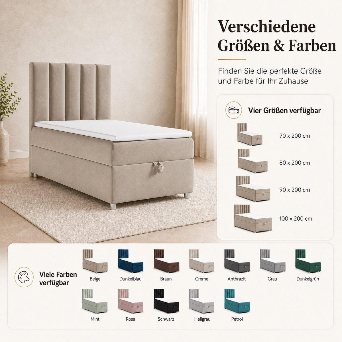 BOXBETT mit Bettkasten Trinity K-10 SINGLE Bonellfederkern inkl. Topper - Beige, Holz/Holzwerkstoff (90/200cm) - Best For Home