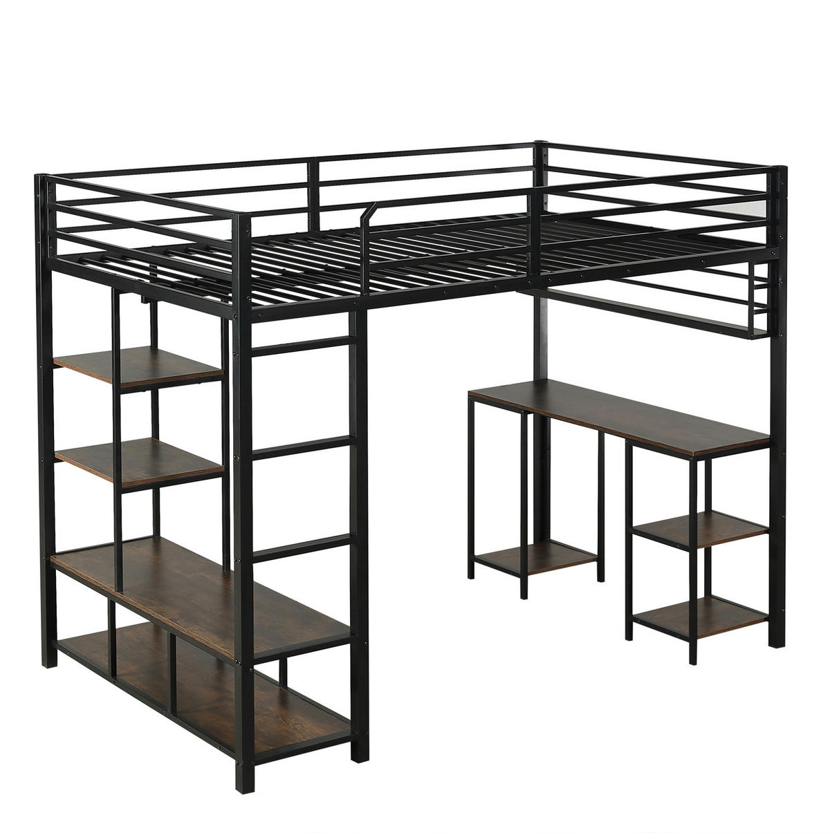 HOCHBETT 120/200 cm aus Metall und Holzwerkstoff mit Schreibtisch und Ablage Schwarz/Dunkel Walnuss - Schwarz, Metall (120/200cm) - Modenvie
