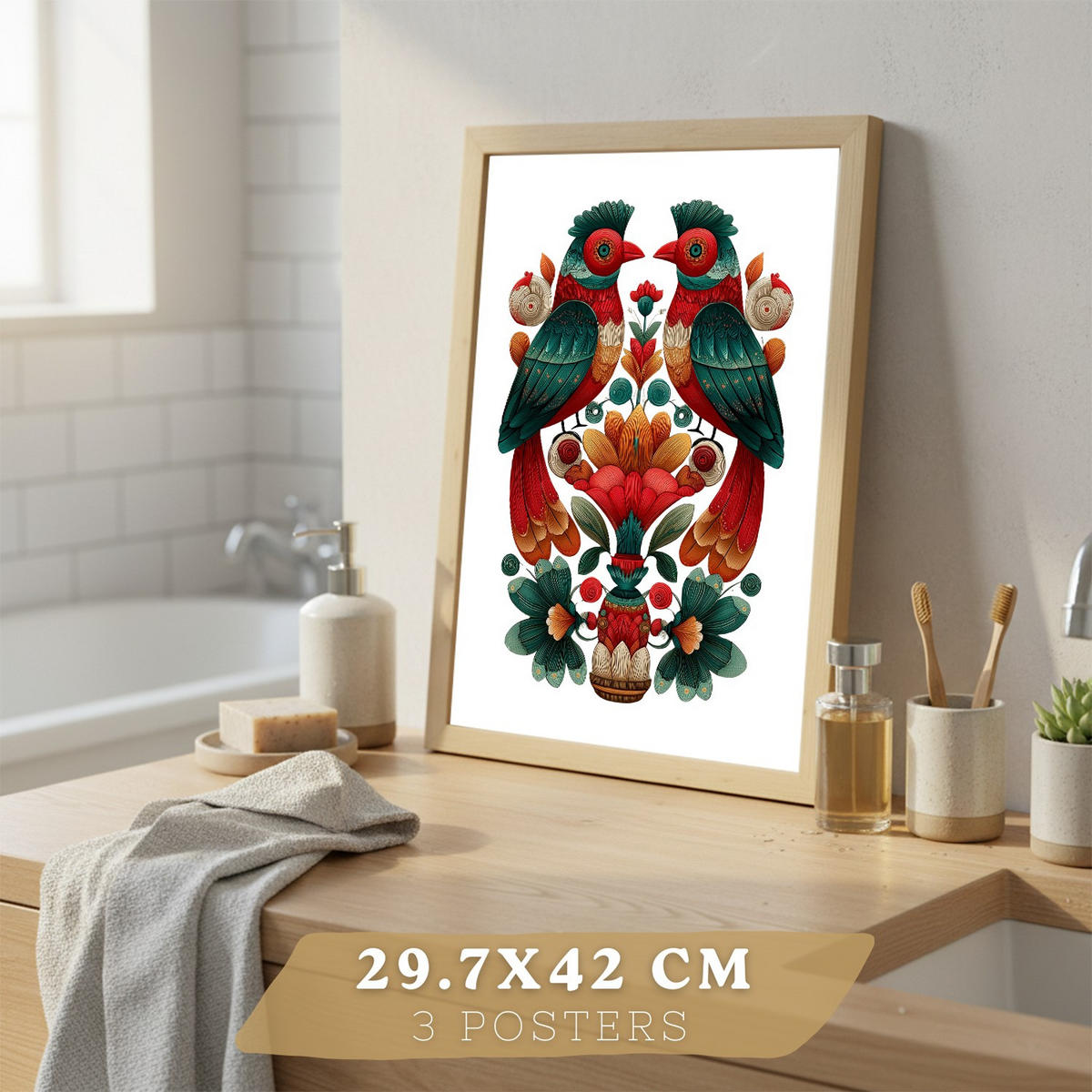 PLAKÁT Sada 3 lidovém stylu, dekorativní tisky zvířat a květinSvětlý dřevěný rám A3 - béžová, papír (42/29.7/3cm) - Nacnic