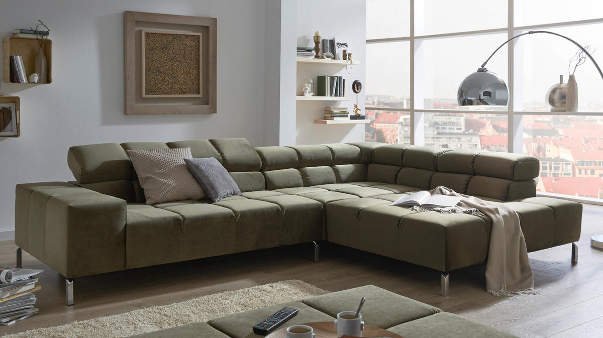 ECKSOFA MIT MOTORISCHEM SITZVORZUG NELSON Dunkelgrün Velvet Relaxfunktion - Dunkelgrün/Silberfarben, Textil (321/216cm) - KAWOLA