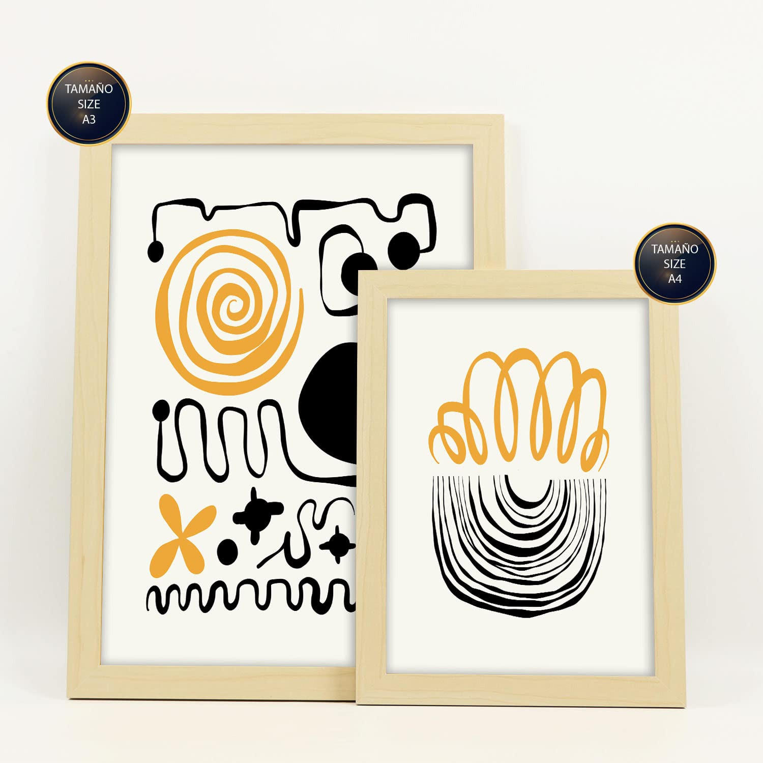 POSTER Set Mit 6 In Schwarzer Tinte Emotionen Künstlerische Und Abstrakte Drucke Für Innenarchitektur A3 & A4 Rahmen Aus Hellem Holz - Beige, Papier (29/3cm) - Nacnic