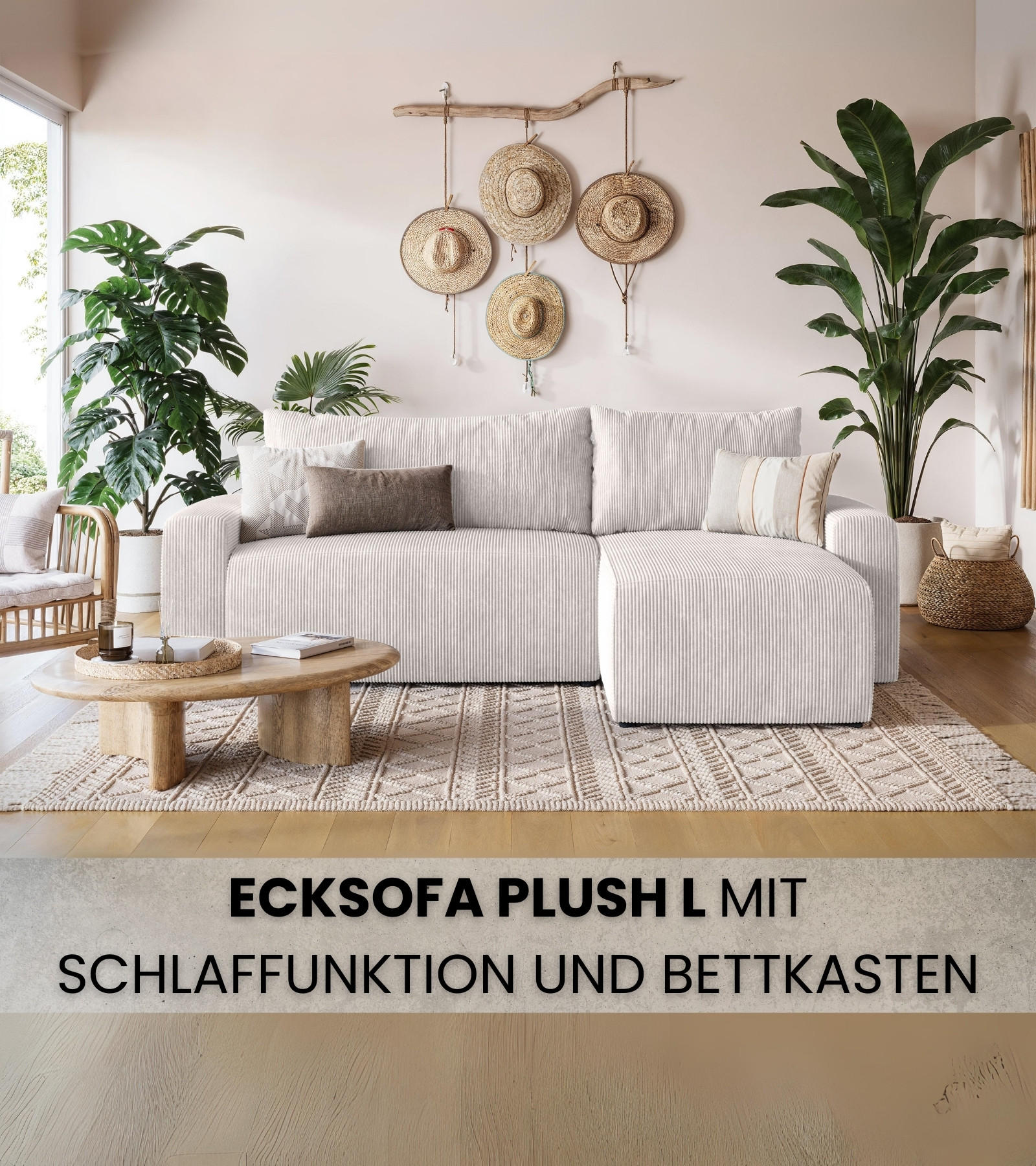ECKSOFA PLUSH mit Schlaffunktion Weiß Cord - Weiß, Textil (240/145cm) - Bromarkt