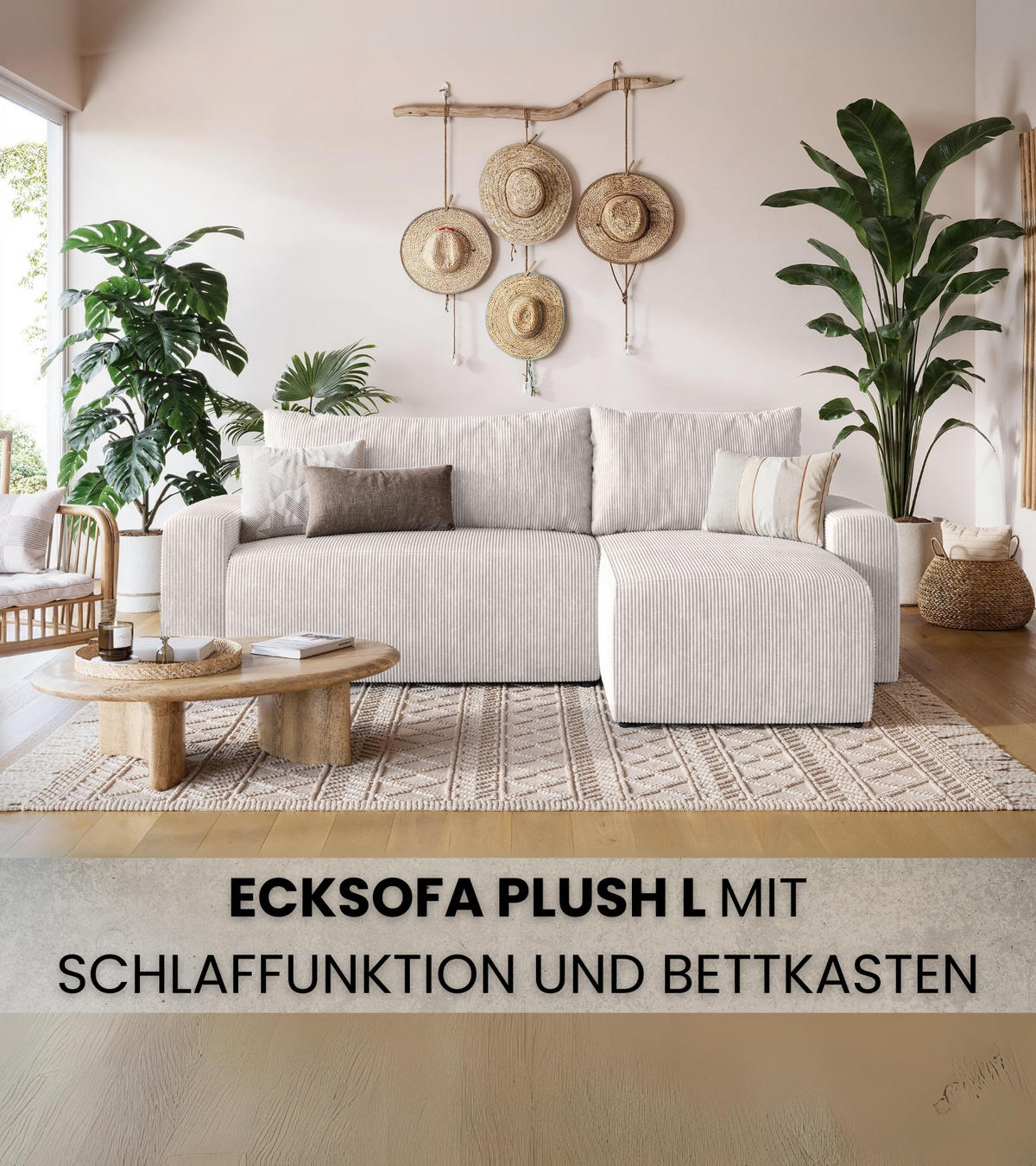 ECKSOFA PLUSH mit Schlaffunktion Weiß Cord - Weiß, Textil (240/145cm) - Bromarkt