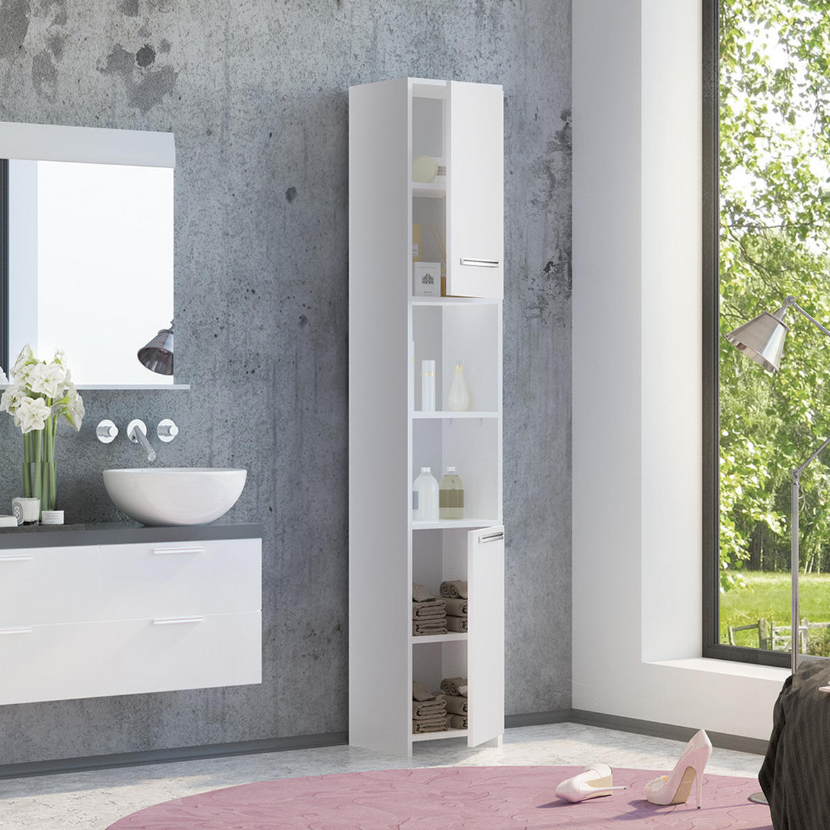 BADSCHRANK Kiko Weiß 30 x 190 cm - Weiß, Holzwerkstoff (30/195/30cm) - Vicco