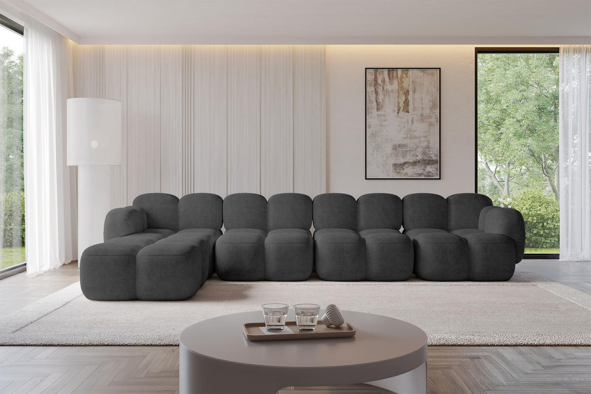 ECKSOFA modulares Sofa Links Miko-L3 390x205x75 Dunkelgrau Velours - Dunkelgrau/Schwarz, Holzwerkstoff/Kunststoff (390/205cm) - ALTDECOR